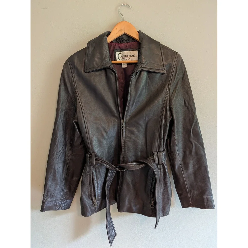 Vtg Colebrook Womens Dark Brown Leather Belted Zip Up Jacket Small BUTTER SOFT